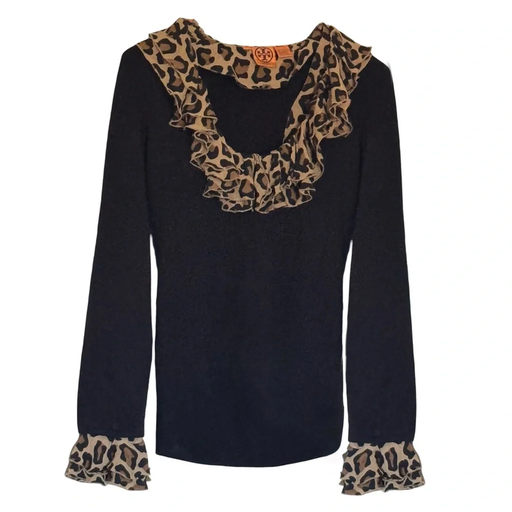 TORY BURCH • Leopard Print Ruffle Black Sweater Top